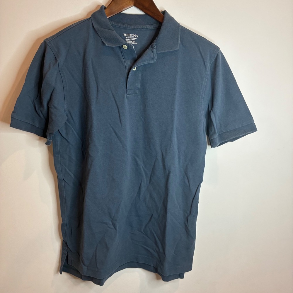Merona Mens Ultimate Polo Shirt Small Blue Short Sleeve Classic Fit Cotton Pique